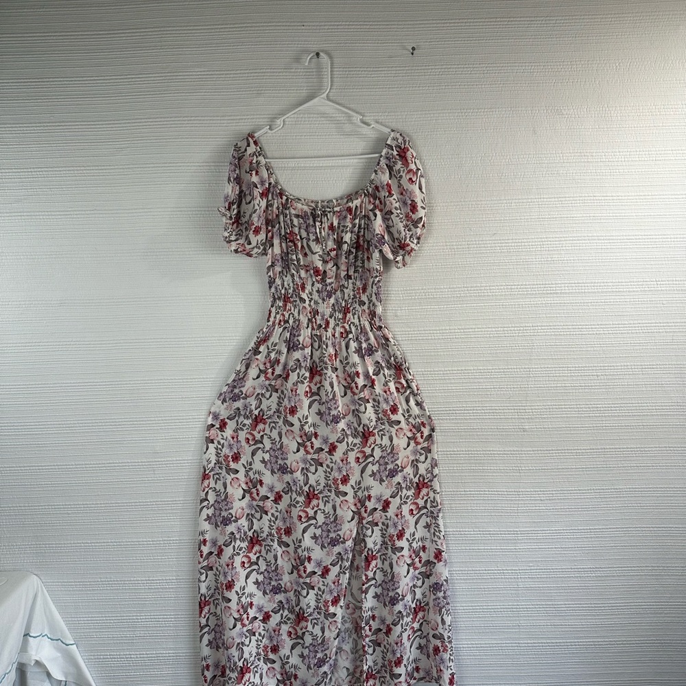 Floral Smocked Waist Maxi Dress in White with Red & Purple Flowers Prairie - Picture 13 of 15
